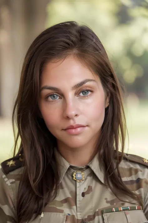 <lora:seema_shah:0.49> masterpiece, 1girl, soldier, army uniform, medals, badge, looking at viewer, close-up, portrait, beautiful face, solo, realistic, long brown hair, pink pouty lips, portrait, greenish brown eyes, perfect eyes, high resolution, ultra d...