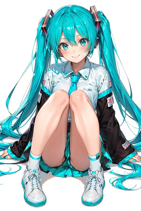  dsmile, 1girl, aqua hair, blush, hair between eyes, hatsune miku, knees up, long hair, looking at viewer, shoes, sitting, sleeves past fingers, smile, sneakers, solo, twintails, very long hair, white background, white footwear<lora:DSmilebrite:0.7>