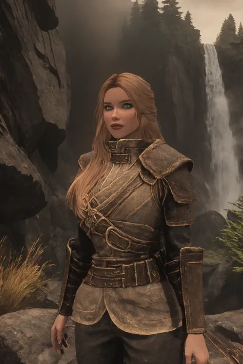 A regal female Breton stands confidently, her piercing green eyes gazing directly into the camera lens. She wears a flowing white cloak with intricate silver trim, flowing behind her like misty clouds. The misty veil of the Skyrim waterfall cascades down t...