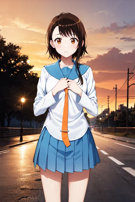 masterpiece, best quality, highres, aakosaki, brown hair, sidelocks, school uniform, blue sailor collar, orange necktie, white s...