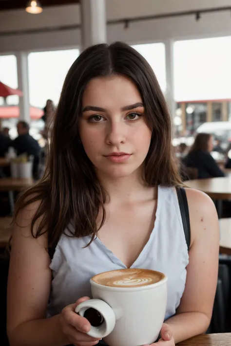 <lora:Sarah:0.8>,  full color portrait of a young woman, having coffee at a vintage cafe, natural light, RAW photo, subject, 8k uhd, dslr, soft lighting, high quality, film grain, Fujifilm XT3, Nikon D850