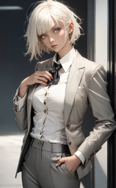 masterpiece, best quality, 1girl, short hair, platinum blonde hair, blazer, shirt, trousers, relaxed