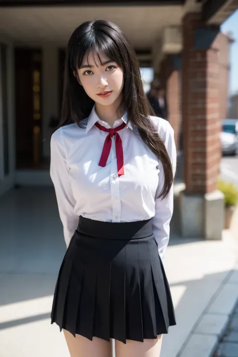 1girl,solo,skirt,shirt,long hair,flower,ribbon,white shirt,outdoors,parted lips,pleated skirt,bangs,looking at viewer,realistic,collared shirt,red ribbon,neck ribbon,long sleeves,day,blue skirt,black hair,arms behind back,school uniform,standing,cowboy sho...