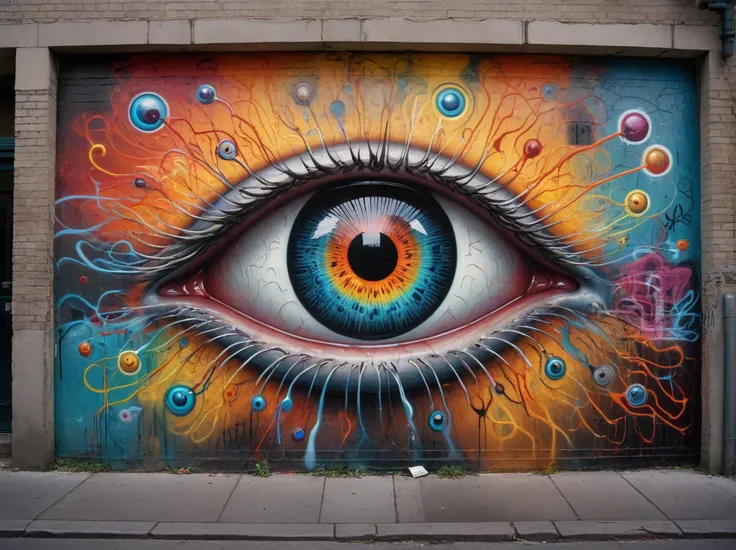 Several people are trying to enter a large eye,oil painting of,Graffiti style Street art vibrant urban detailed tag mural,minimalistic sharp outlines glass translucency Curly electric field long exposure contour Swirling (Dilapidated iridescent mercury:1.1...