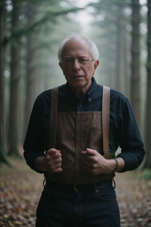 bernie sanders, leather shorts, suspenders, german hat,  BREAK, beautiful forest glen, BREAK, hdr, closeup, intricate details, hyperdetailed, cinematic, dark shot, muted colors, film grainy, soothing tones, muted colors, technicolor, (muddy:0.6)