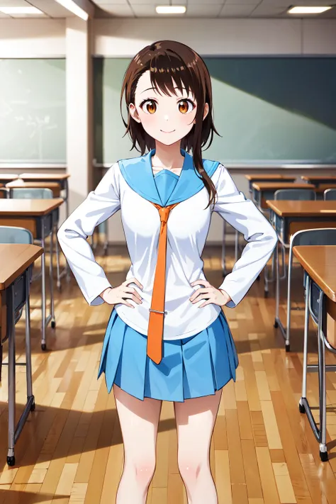 masterpiece, best quality, highres, aakosaki, brown hair, sidelocks, school uniform, blue sailor collar, orange necktie, white shirt, long sleeves, pleated skirt, blue skirt, <lora:onodera_kosaki_v2:0.7>, smile, classroom, hands on hips,