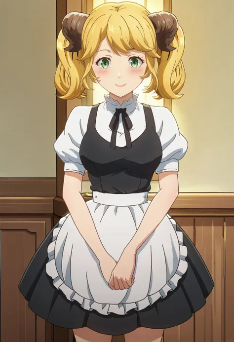 score_9, score_8_up, score_7_up, 1girl, solo, anime screencap, <lora:Aletta:0.8> aletta, twintails, horns, black dress, puffy sleeves, white shirt, black ribbon, waist apron, maid