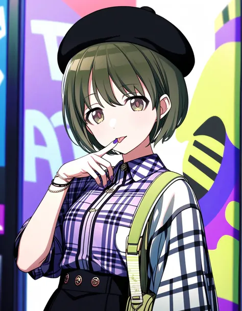 n_nanakusa, 1girl, solo, expressionless, short hair, green hair, bangs, green eyes
tongue out, tongue, bag, hat, nail polish, looking at viewer, akanbe, shirt, beret, purple nails, black headwear, plaid, upper body, bracelet, jewelry, plaid shirt, :p, post...