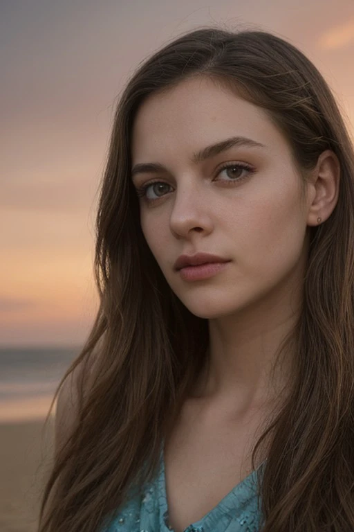 (hazel-green eyes), detailed eyes, (detailed face),  ((long hair)) , (portrait), (head tilt up), (((Call of Beauty, marvellous art, wonderful colours))) ((beach, sunset, natural lighting)), ((splendid scene)) (((face portrait))) (((realistic))) , (masterpi...