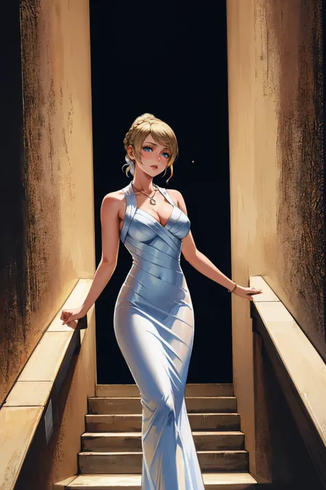 masterpiece, best quality, 1girl,   <lora:lunafreya-nvwls-v1-000009:0.9> lunafreya, braid, ponytail, necklace, white dress, sleeveless dress, long dress, large breasts, stairs, walking, abstract background, looking at viewer, black background