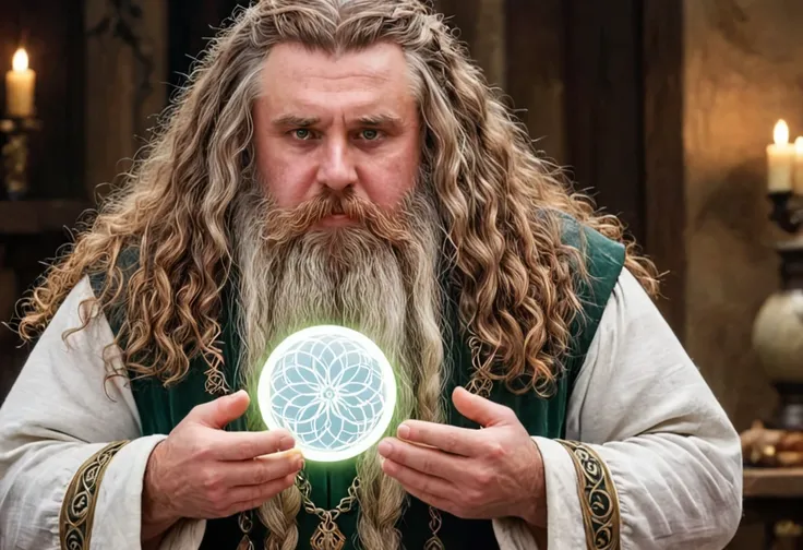 8k portrait photo of a young wizard  staring at a huge glowing white magical orb the size of a football floating between his  hands, wearing platinum jewelry with diamonds and colorful gemstones, huge braided brown beard, long wavy brown hair, BREAK rich m...