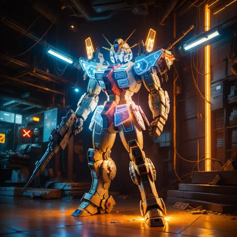 (light painting:1.3)(best quality:1.5),(masterpiece:1.5),(super Realistic:1.5),(high detail:1.5),light painting of gundam,dazzling,transparent,polishing,universe space,cyberpunk,yellow light,blue light,full body,standing,