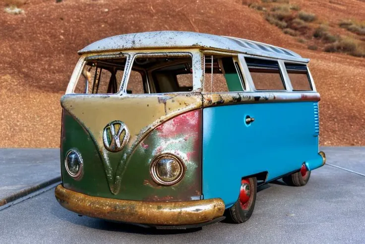 (photorealistic, 4k, 8k, uhd), a tintoycar, manufactured in 1950, <lora:Tin_Toy_Cars:0.8>, Volkswagen Bus, contures are lithographic print, scratches, dents, heavily used, chipped paint, faded plastic lights, background is a sand pit,  <lora:loraAnalogOrdi...