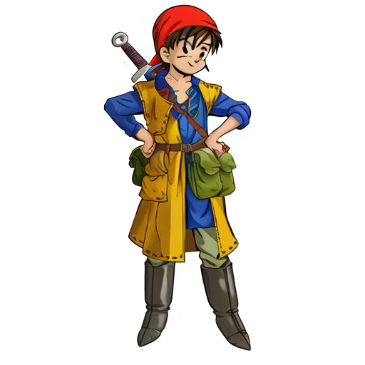 sheathed, bag, weapon, solo, bandana, hand on hip, full body, 1boy, sheath, brown hair, black eyes, pouch, belt, black hair, boots