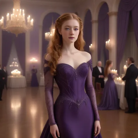 realistic photograph of sophie-molgrin standing in a candlelit ballroom wearing an exquisite royal purple sleeved evening gown, late evening, hair down