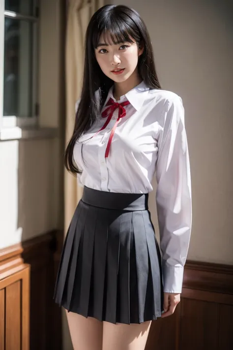 1girl,solo,skirt,shirt,long hair,flower,ribbon,white shirt,outdoors,parted lips,pleated skirt,bangs,looking at viewer,realistic,collared shirt,red ribbon,neck ribbon,long sleeves,day,blue skirt,black hair,arms behind back,school uniform,standing,cowboy sho...