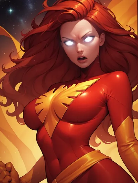 score_9, score_8_up, score_7_up,score_6_up, score_5_up, score_4_up , 1girl, solo,
large breasts,
DarkphoenixDG,
long hair, white eyes, red hair, glowing eyes, no pupils, 
yellow sash, skin tight, multicolored bodysuit, red bodysuit, latex, yellow gloves, y...