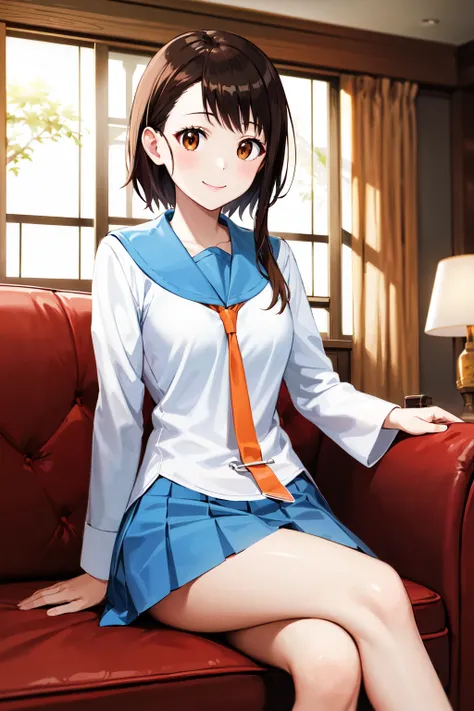 masterpiece, best quality, highres, aakosaki, brown hair, sidelocks, school uniform, blue sailor collar, orange necktie, white shirt, long sleeves, pleated skirt, blue skirt, <lora:onodera_kosaki_v2:0.7>, sitting, crossed legs, living room, sofa, smile