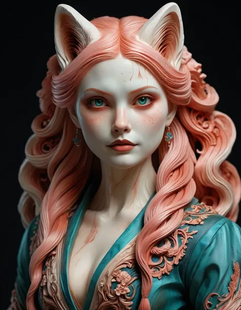 full length oil painting of Formal Alexandra Daddario as a translucent (artic fox spirit) , (full body) , detailed face, wearing Teal, Coral and Beige ral-wdtrng, Pigtails Magenta hair, Wet, elegant, hyperrealism, highly detailed, intricate detailed, volum...