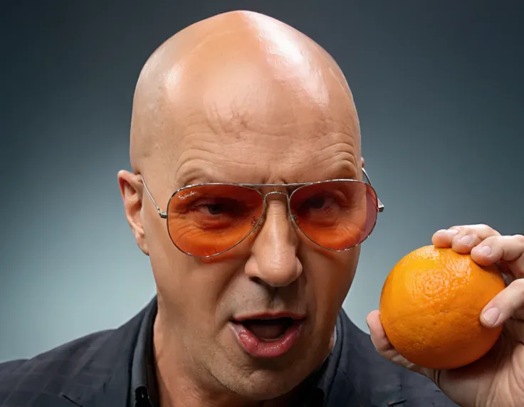 powerful artistic vision of a bald man wearing sunglasses crushing an orange in his hand <lora:Don_Callis:0.8>. breathtaking masterpiece made by great artist. best quality, high resolution