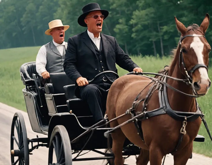 Kodachrome photo, an Amish bald man wearing sunglasses driving a horse and buggy and yelling at the horse for going too slow  <lora:Don_Callis:0.8>, analog