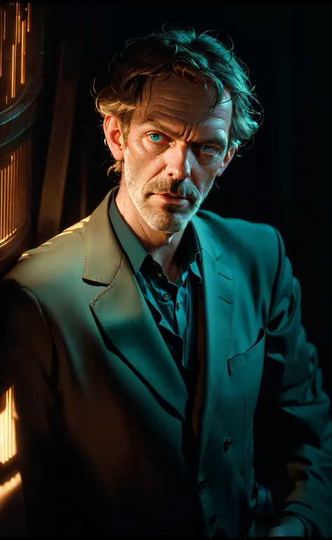 portrait of a award winning photo of hugh laurie posing in a dark studio, (rim lighting,:1.4) two tone lighting, sharp focus, teal hue, octane, unreal, dimly lit, low key