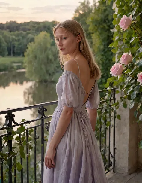 Amidst an idyllic French countryside bathed in the soft golden hues of twilight, a captivating young woman named Rika stands poised against the backdrop of the landscape, her silhouette framed by a delicate, wrought-iron balcony adorned with ivytendrils an...