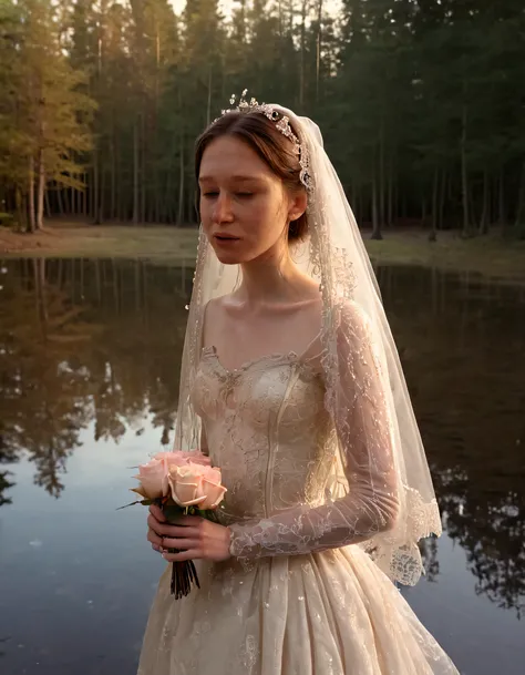 In the twilight of a misty enchanted forest, a slender radiant young woman with realisticochocolate-brown hair stands at edge crystal-clear pond, solo; dressed in antique ivory-hued wedding gown with delicate lace trimmings and veil sparkling pearls cascad...