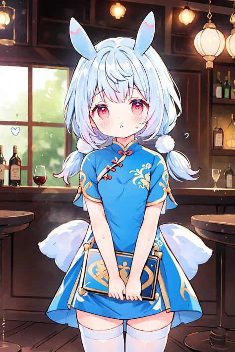 1girl, sigewinne (genshin impact), solo,  low twintails, animal ears, china dress, highleg, lace-trimmed legwear, cowboy shot, bar (place), indoors, depth of field, pout, taut dress, v arms, looking at viewer, embarrassed, blush, flying sweatdrops