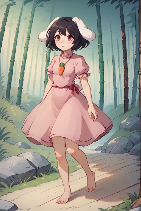 score_9, score_8_up, score_8, score_9, 1 girl, inaba tewi, black hair, pink dress, short hair, black hair, rabbit ears, floppy ears, carrot necklace, puffy sleeves, ribbon-trimmed sleeves, ribbon-trimmed dress,  <lora:inaba_tewi_pony-10:1>, red eyes,  bamb...