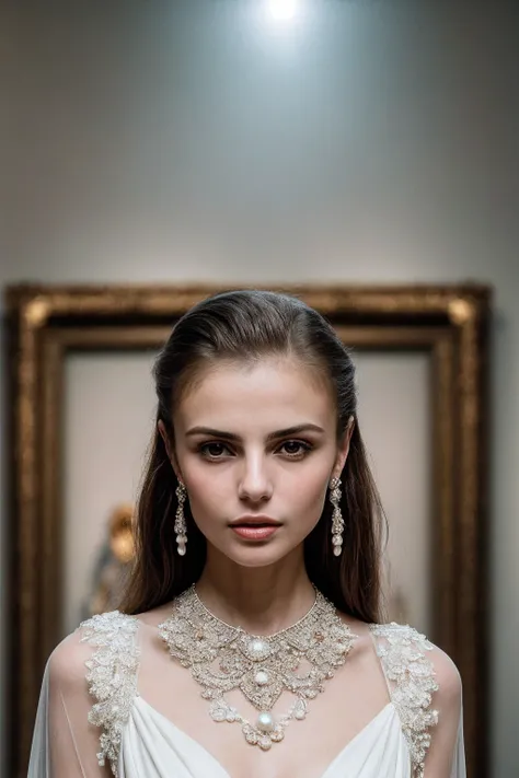 ElleT_SoloTI_v1,
(In a flowing ivory gown with intricate lace details, paired with vintage pearl earrings, for a timeless and elegant look), (Amidst a grand museum exhibit, surrounded by ancient artifacts juxtaposed against modern art installations, an aur...