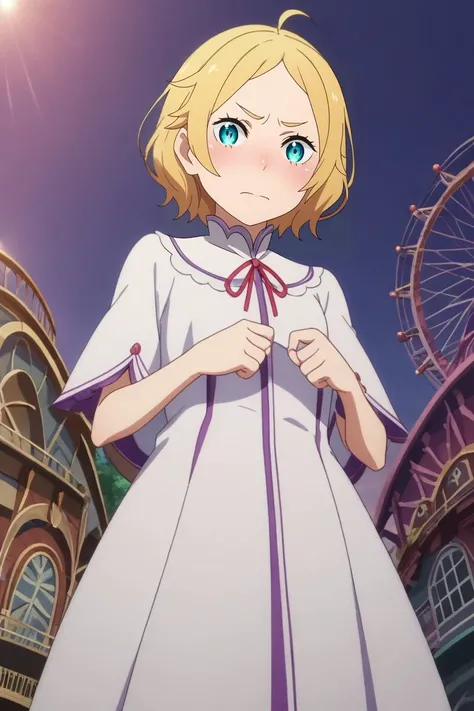 score_9, score_8_up, score_7_up, source_anime, rating_safe, anime screencap, , looking at viewer, , 1girl, coral eyes, ash blonde hair,, solo, from below, amusement park, carousel, ferris wheel, day, holding weapon, embarrassed, nose blush, <lora:rezero_st...