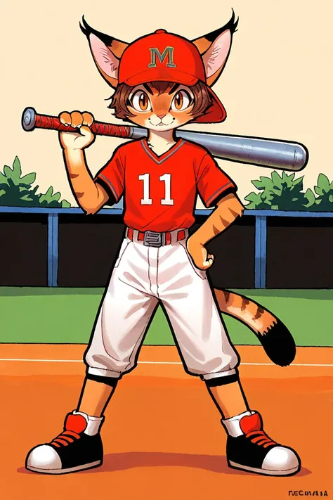 (anthro caracal cat girl:1.2),brown hair,baseball cap,Baseball outfit,solo,full body, 
illustration,tezuka osamu,looking at viewer,baseball field,holding baseball bat
<lora:Perfect Hands:1> <lora:age_slider_v4:-2> <lora:osamu:0.8>, score_9, score_8_up, sco...