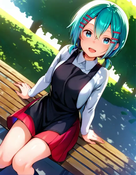 score_9, score_8_up, score_7_up, girl, a girl sitting on a park bench, dutch angle, looking at viewer, waitress, smile, (hatsune miku:0.8), black apron, red skirt, hairclip, white shirt, long sleeves,  <lora:aya_style_pony6_v2:1.2>, hair between eyes, shor...