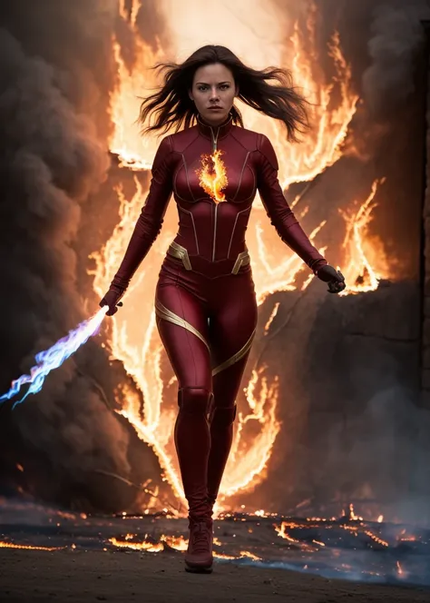 masterpiece, top quality,phoenix dark is x-men, beautiful and aesthetic:1.2, (1girl:1.3), (full body:1.5),red suitbody ,looking at viewer,fire hair, extreme detailed,(fire hands:1.5),fire,smoke,goddess, detailed, detail fingers, detail face, masterpiece,ul...