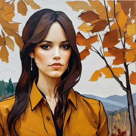 (Abstract) sketch of a woman in the fall season, oil on canvas,  jenxortega,  <lora:jenortega_juggerX_xl_1_st_wocap_merger_43prev_24_39_05_03_02-jenxortega:1>