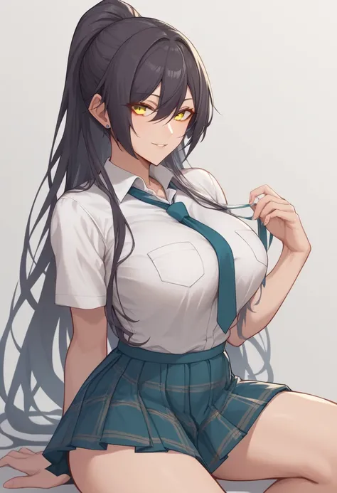 score_9,score_8_up,score_7_up,<lora:shirase_sakuya_pony:1>,1girl, absurdres, black_hair, breasts, high_ponytail, highres, large_breasts, long_hair, looking_at_viewer, necktie, ponytail, school_uniform, shirase_sakuya, shirt, simple_background, skirt, solo,...