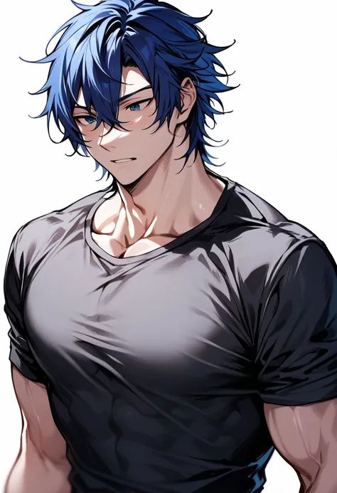 (masterpiece:1),great,best,1boy, muscular male, blue hair, shirt,