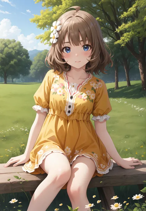 masterpiece, best quality, very aesthetic, ultra detailed, intricate details, 4k, anime style,
momokoso, 1girl, solo, blush, short hair, bangs, blue eyes, brown hair, hair ornament, ahoge, hair flower, v-shaped eyebrows, suou momoko,
long sleeves, ress, sh...