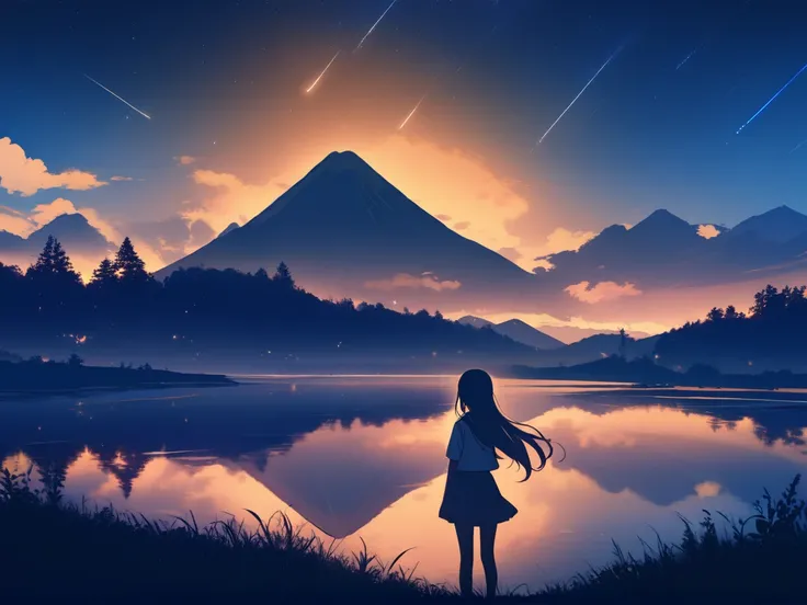 1girl, 
solo, outdoors, mountain, night, tree, starry sky, sunrise, sitting, silhouette, landscape, water world, night sky, cloud, hill, shooting star, wind, grass, lens flare, skirt, long hair, star (sky), water, sky, scenery, star (symbol), reflection, d...