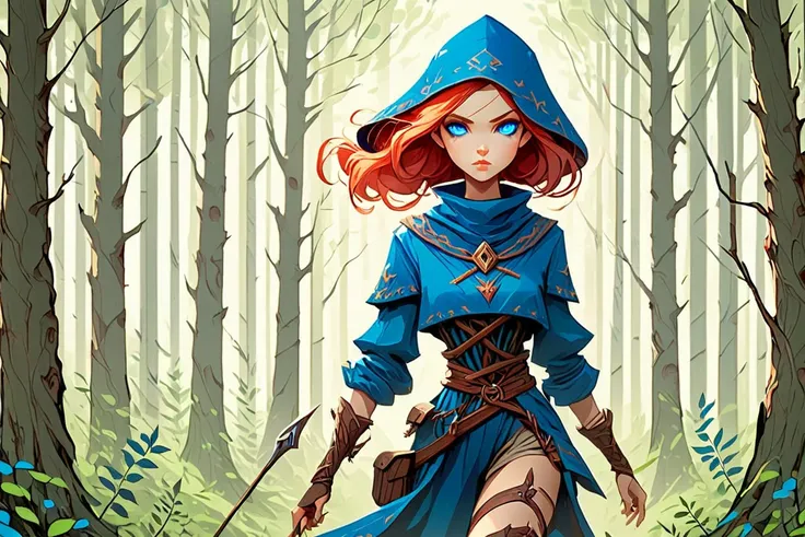 FlashSmoothDigital, A rogue stalking through the woods, she is cute, blue eyes, Cartoony realism