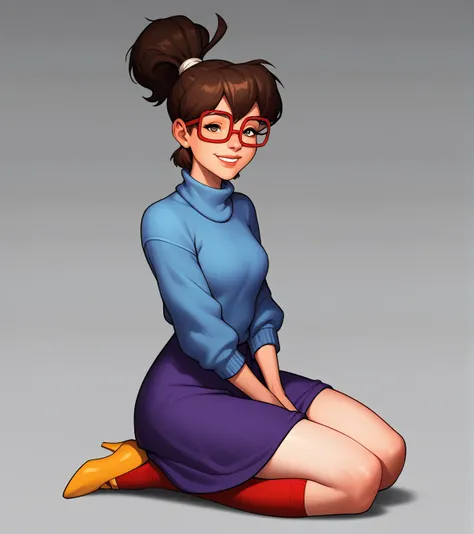 score_9, score_8_up, score_7_up, 
1girl, solo, irma, blue turtleneck sweater, long purple dress, glasses, on knees, sleeves pushed up, smile, orange high heels, gradiant background, red socks, looking over shoulder
<lora:Irma_Langenstein:1>