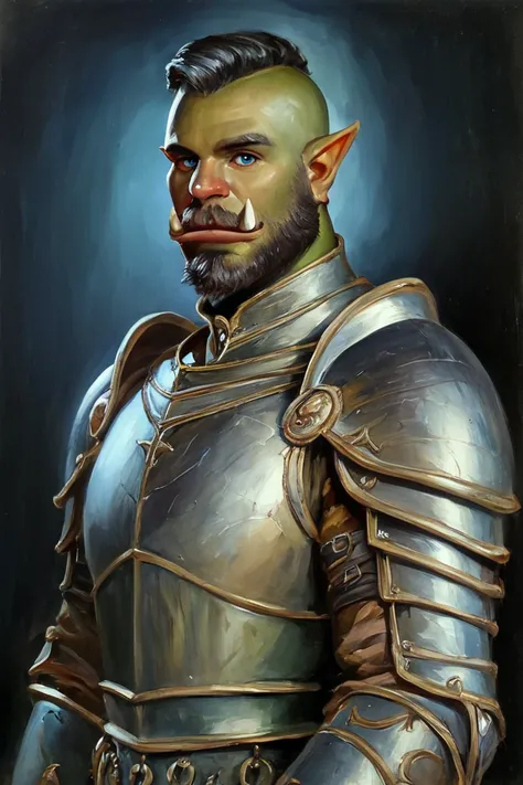 score_9, score_8_up, score_7_up, rating_safe, painterly, faux traditional media, realistic, 1boy, solo, male focus, mature male, orc, green skin, tusks, blue eyes, short hair, black hair, facial hair, beard, mustache, looking at viewer, armor, shoulder arm...