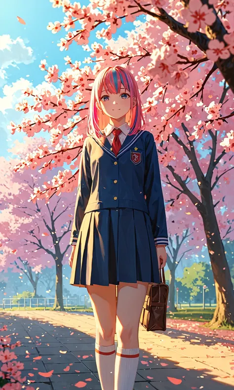 score_9, score_8_up, score_7_up,  artistic, cinematic lighting, vivid, 1girl,  A cheerful schoolgirl with vibrant hair and a school uniform, standing under cherry blossom trees, masterpiece, absurdres,  <lora:MJ52:1>