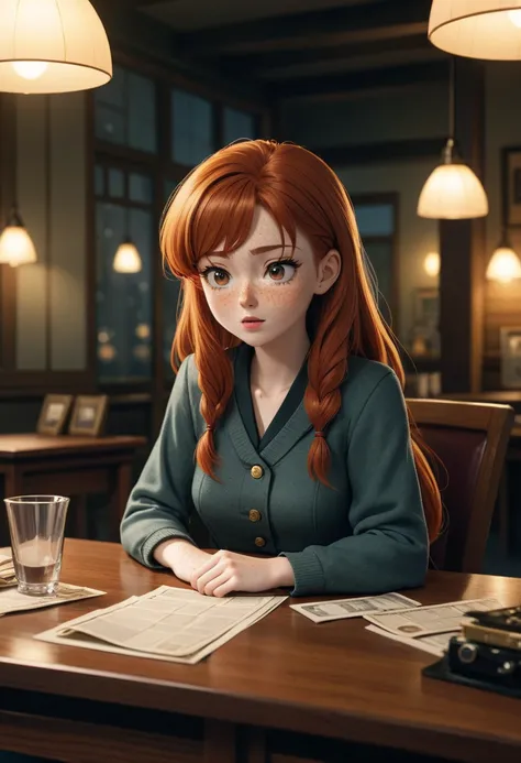 cinematic Anime, Animestyle (art by Mathias Goeritz:0.9) , photograph, Lush Girlfriend, Tax collector, Rich ginger hair, Winter, sitting on a table, tilt shift, Horror, specular lighting, film grain,(cinematic still:1.2), (freckles), professional, 4k, high...