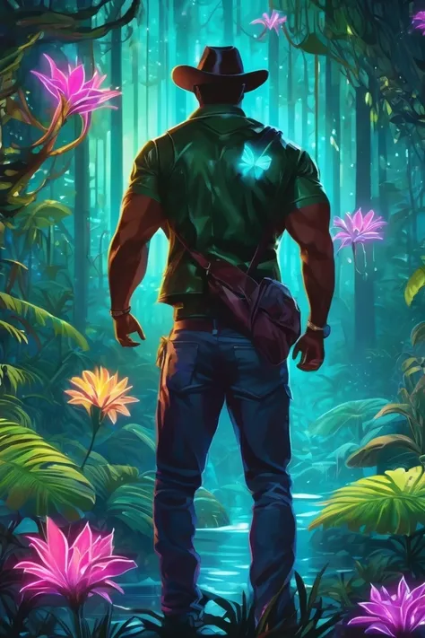 flvcil03 style <lora:style_03_cheerful_shade_l3-x_flvcil03_style:1>, man  standing, 
stripper, functional,
Enchanted forest and bioluminescent flora, 
high quality, masterpiece, highres,