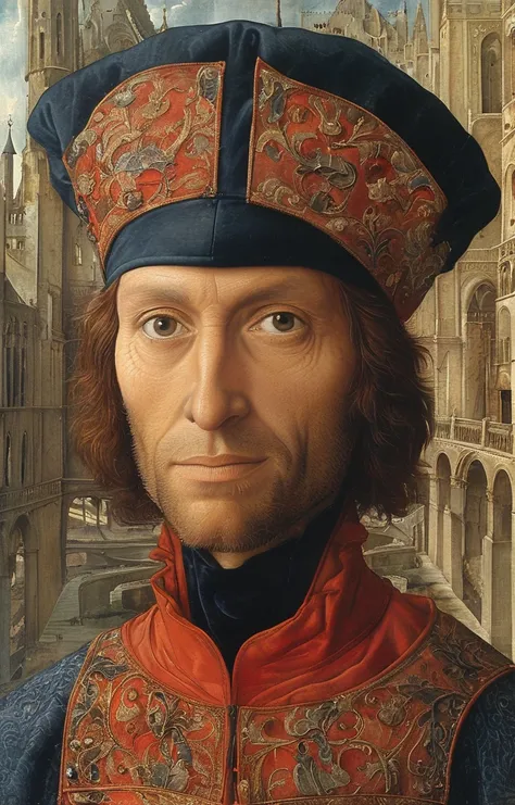 masterpiece,best quality,<lora:tbh169-sdxl:0.9>,illustration,style of jean fouquet, portrait of noble man