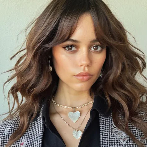 Looking straight at the camera, Film grain, skin texture, Instagram closeup selfie of a woman with beautiful wavy hair wearing a heart necklace,f/1.8,wearing a tutleneck shirt,  jenxortega,  <lora:jenortega_juggerX_xl_1_st_wocap_merger_43prev_24_39_05_03_0...