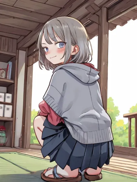 (masterpiece, high quality,:1.4), BREAK,
1girl, teen, solo, skinny, slender, 
poncho,
pleated skirt,
smirk, 
ruby, 
gray, 
nihongami, 
squatting, 
closed mouth , 
BREAK, 
from behind,
forest,