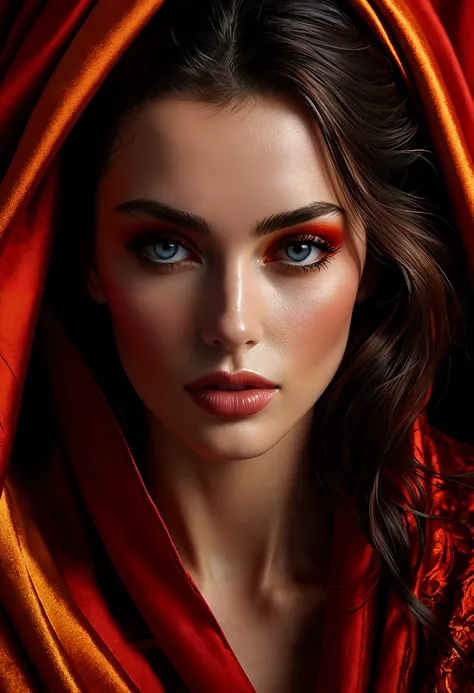 Create a highly detailed, estremely close-up, photorealistic image of a woman posing in a striking, extra wide shot, wearing a stunning crimson robe that drapes elegantly across her body. Inspired by the works of Helmut Newton, capture the models skin with...